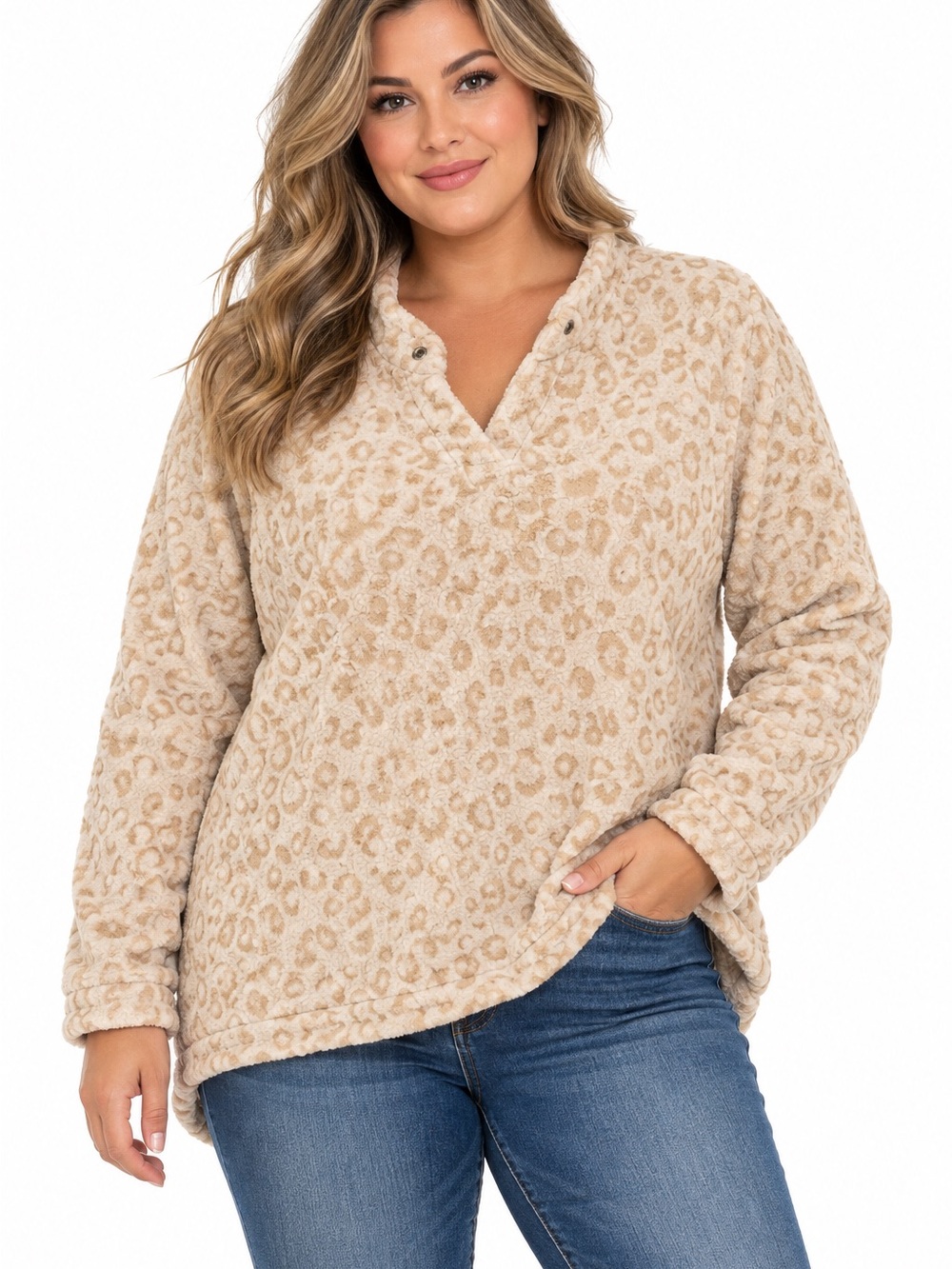 Multiples Plush Leopard Print Fuzzy Pullover